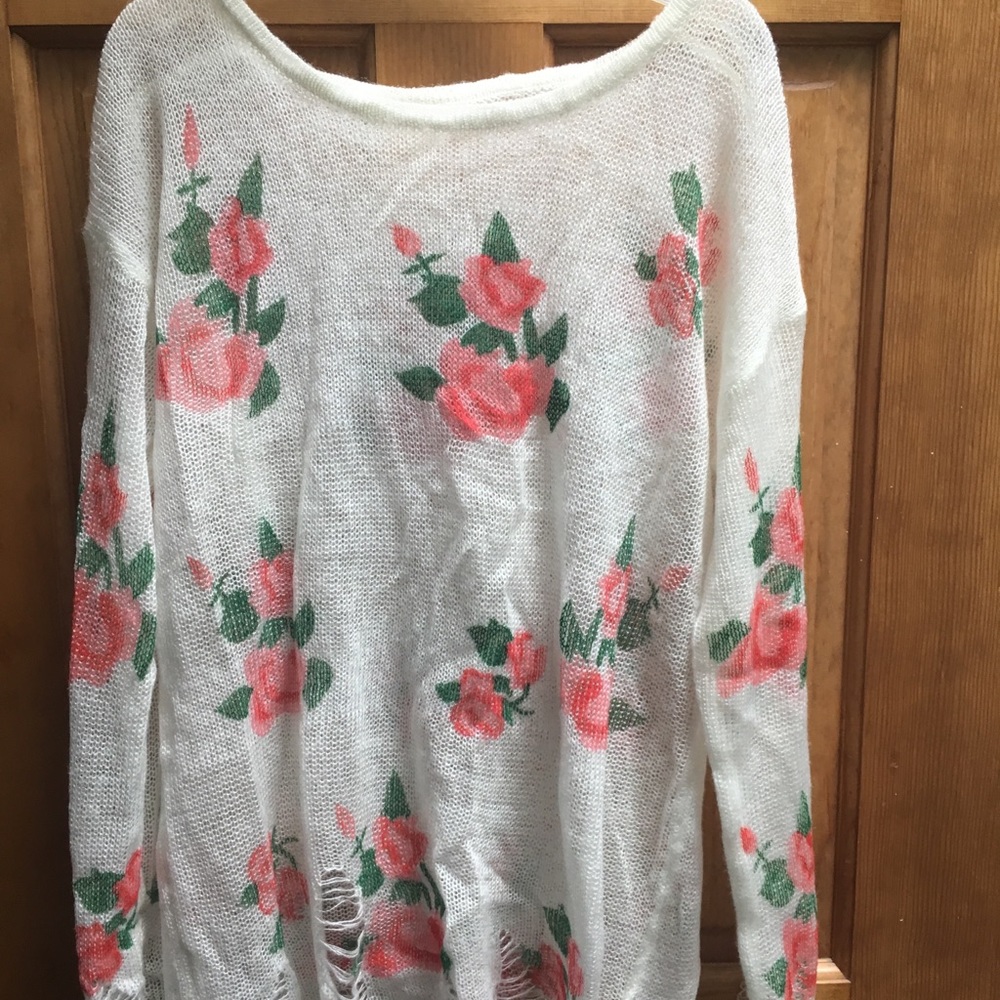 Floral print distressed sweater